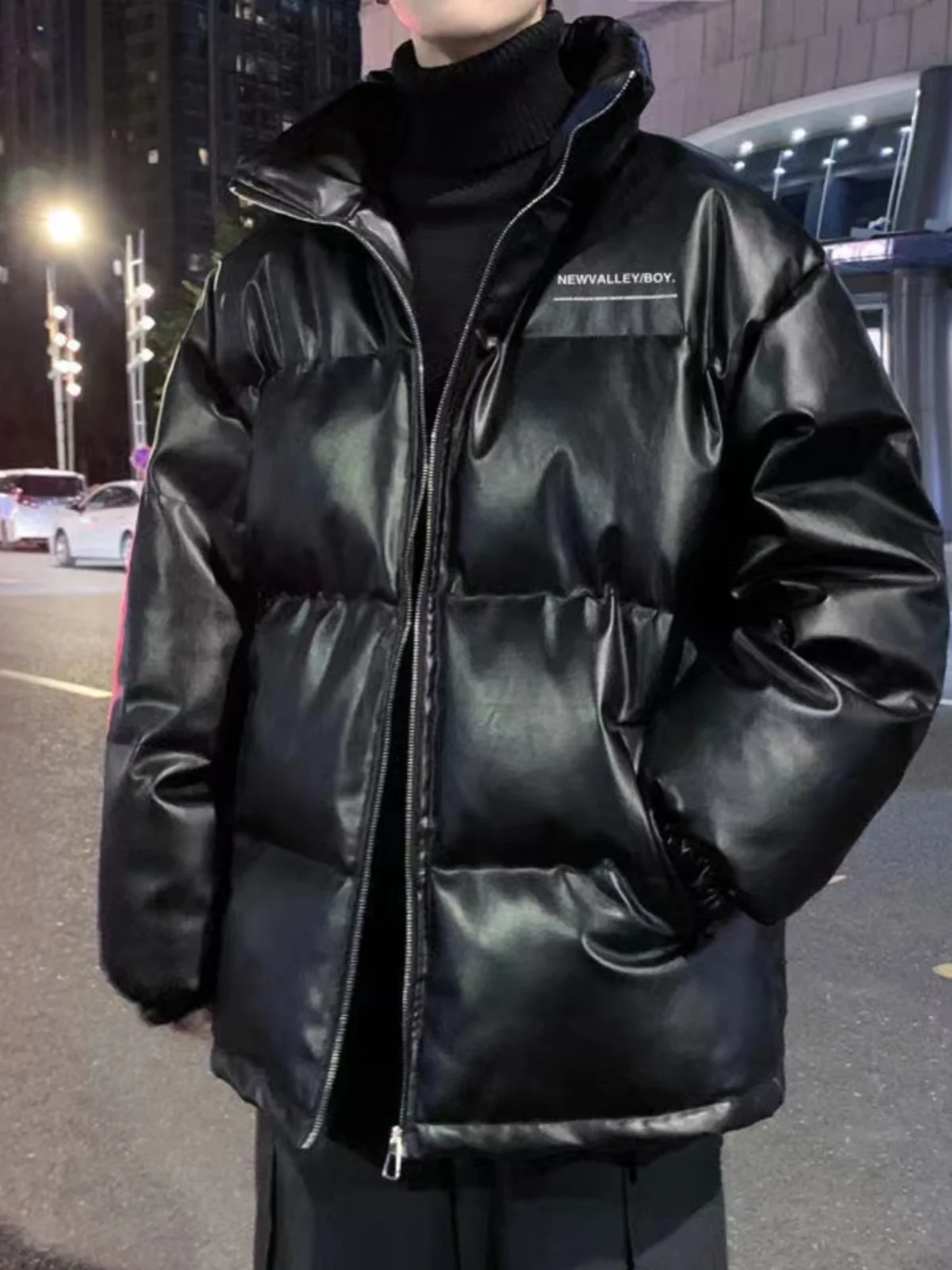 الرجال الشتاء بولي Leather الجلود الأبيض بطة أسفل سترة منفوخة الكورية فضفاض الوقوف طوق سميكة الدافئة العصرية الشباب Ins نمط أسفل معطف JK-214