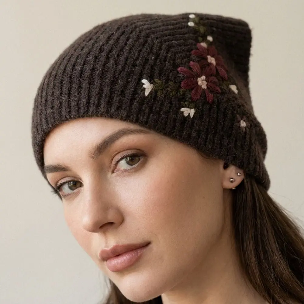 Fashion Floral Flower Embroidery Knitted Hat Retro Warm Earflap Hat Ear Protectors Beanies Bandana Outdoor