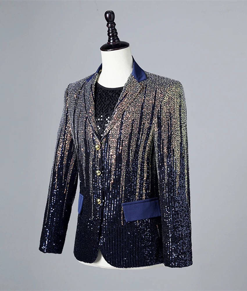 Luxury Gradient blue sequin leisure men's suit jacket, Shining dance outfit High Quality Wedding Party Dress Celebrity Gowns