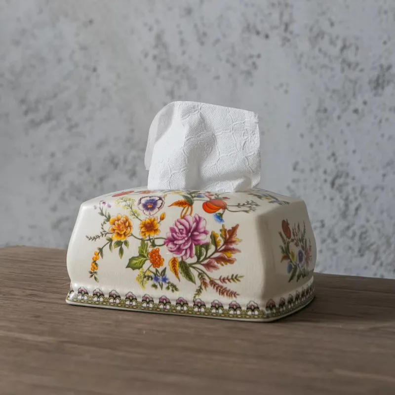 

American Vintage Floral Ceramic Tissue Box, Smooth Glazed Finish, Durable Decorative Display, Elegant Tissue Holder