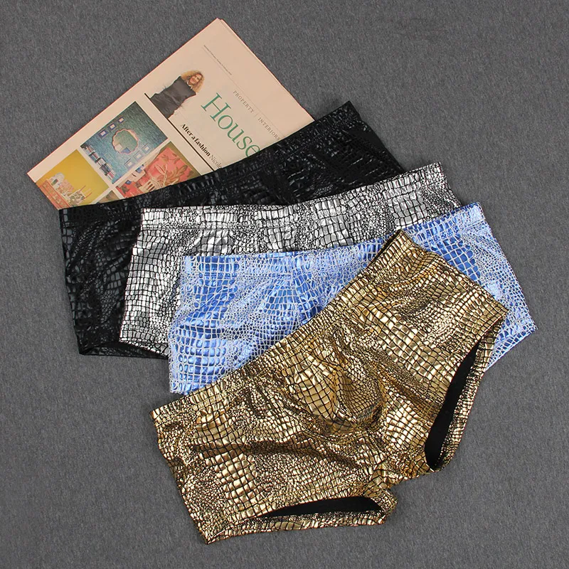 Snake Skin Leather Sexy Mens Underwear Boxers Brand Open Front Crotchless Boxer Shorts Men U Convex Low Waist Male Underpants