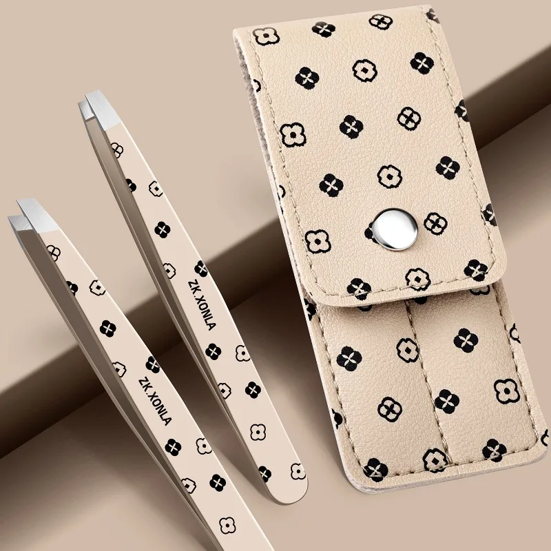 2PCS High-Precision Eyebrow Tweezers Set Flat and Slant Tip Plucking Pliers False Eyelash Clip with Storage Pouch for Travel Use