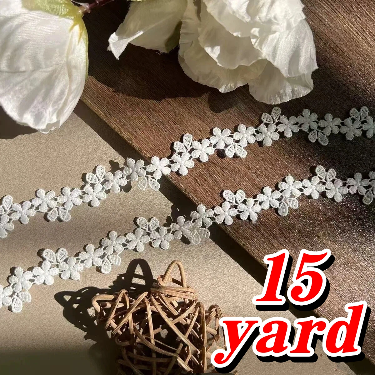 15 Yards exquisiter wasserlöslicher Spitzenbesatz – süßes kleines, mit Blumen und Blättern besticktes Band, Breite 0,9 Zoll, 15//10/3/1 Yards, DIY-Nähbastelbedarf, geeignet für Kleidung und