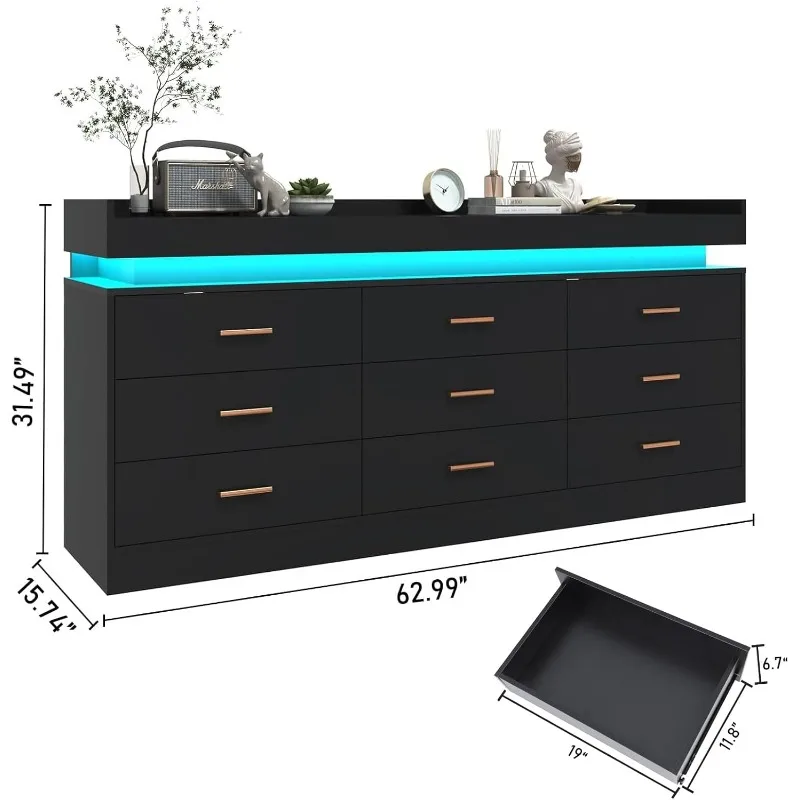 9 Drawer Dresser with Charging Station and LED Lights, Modern Chest of Drawers with Power Outlet, Organizer Cabinet for Bedroom,