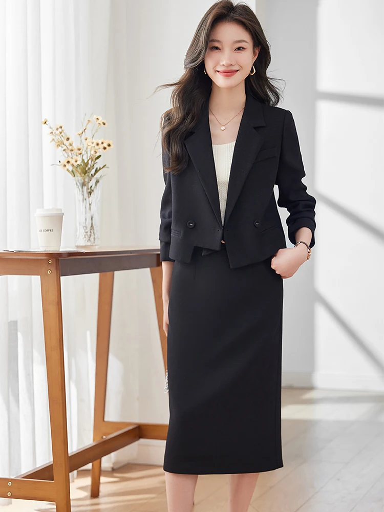 Fashion Women Formal Blazer Skirt Suit Ladies Black Apricot Green Long Sleeve Female Work Wear Two Piece Set For Autumn Winter