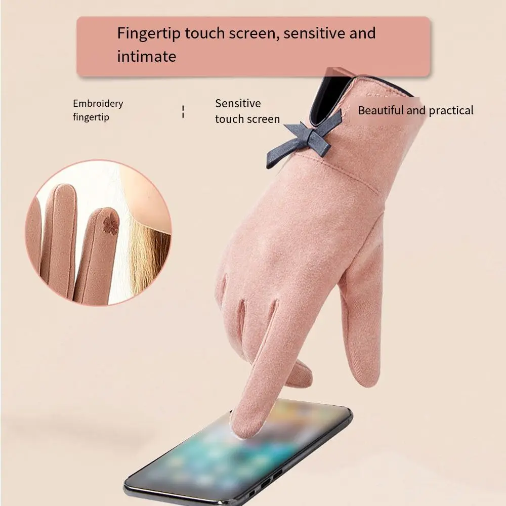 

Элегантные зимние женские перчатки с пятью пальцами и бантом, эластичные мягкие перчатки с сенсорным экраном, теплые ветрозащитные перчатки для вождения мотоцикла