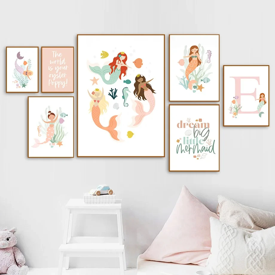 Marine Animals Nursery Canvas Painting, Wall Art, Nordic Posters and Prints, Pictures, Baby, Kids Room Decor, Mermaid, Girl, Fos