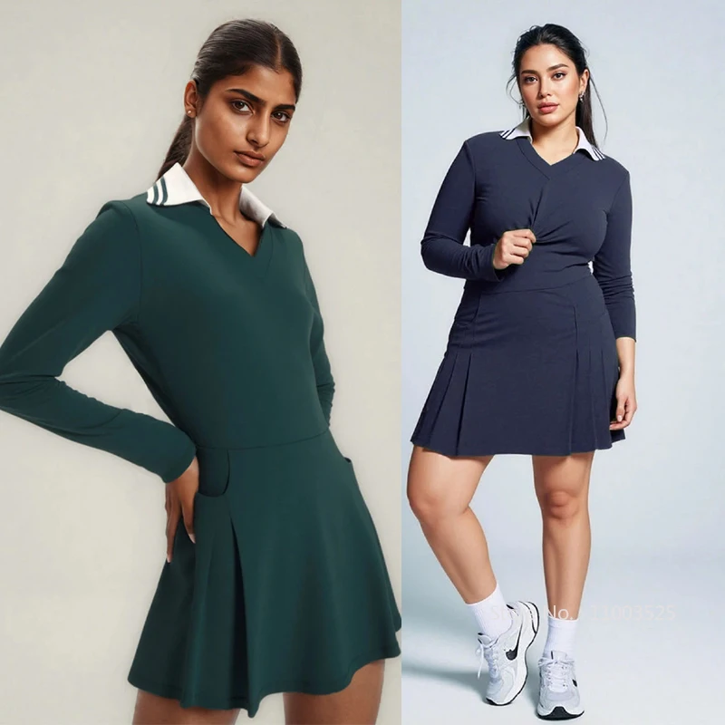 

Осеннее спортивное платье с длинными рукавами для женщин. Осенняя винтажная теннисная юбка для бадминтона с v-образным вырезом. Женское тонкое платье для гольфа с короткими внутренними шортами.