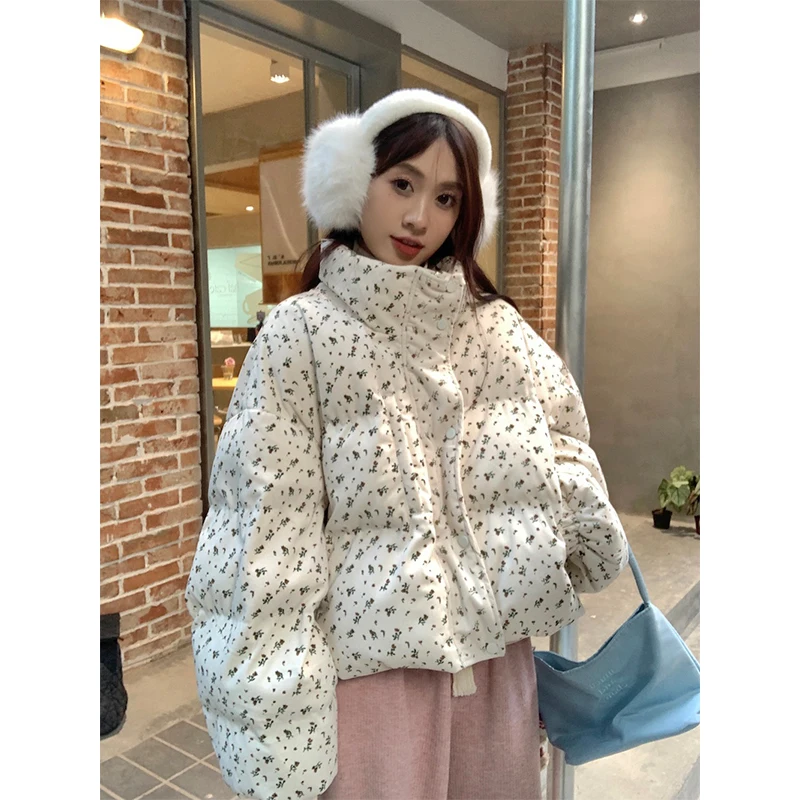 

Floral Short Parkas Women Sweet Print Down Coats Streetwear Oversized Cropped Puffer Jacket Winter Korean Cotton Padded Outwears