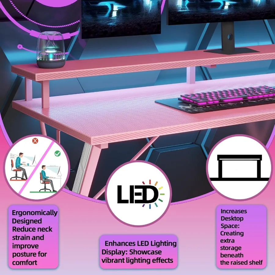 مكتب ألعاب مع منافذ طاقة LED 40 بوصة كمبيوتر مريح من ألياف الكربون سطح ألعاب مكتب شاشة كبيرة حامل سماعة الرأس هوو #5
