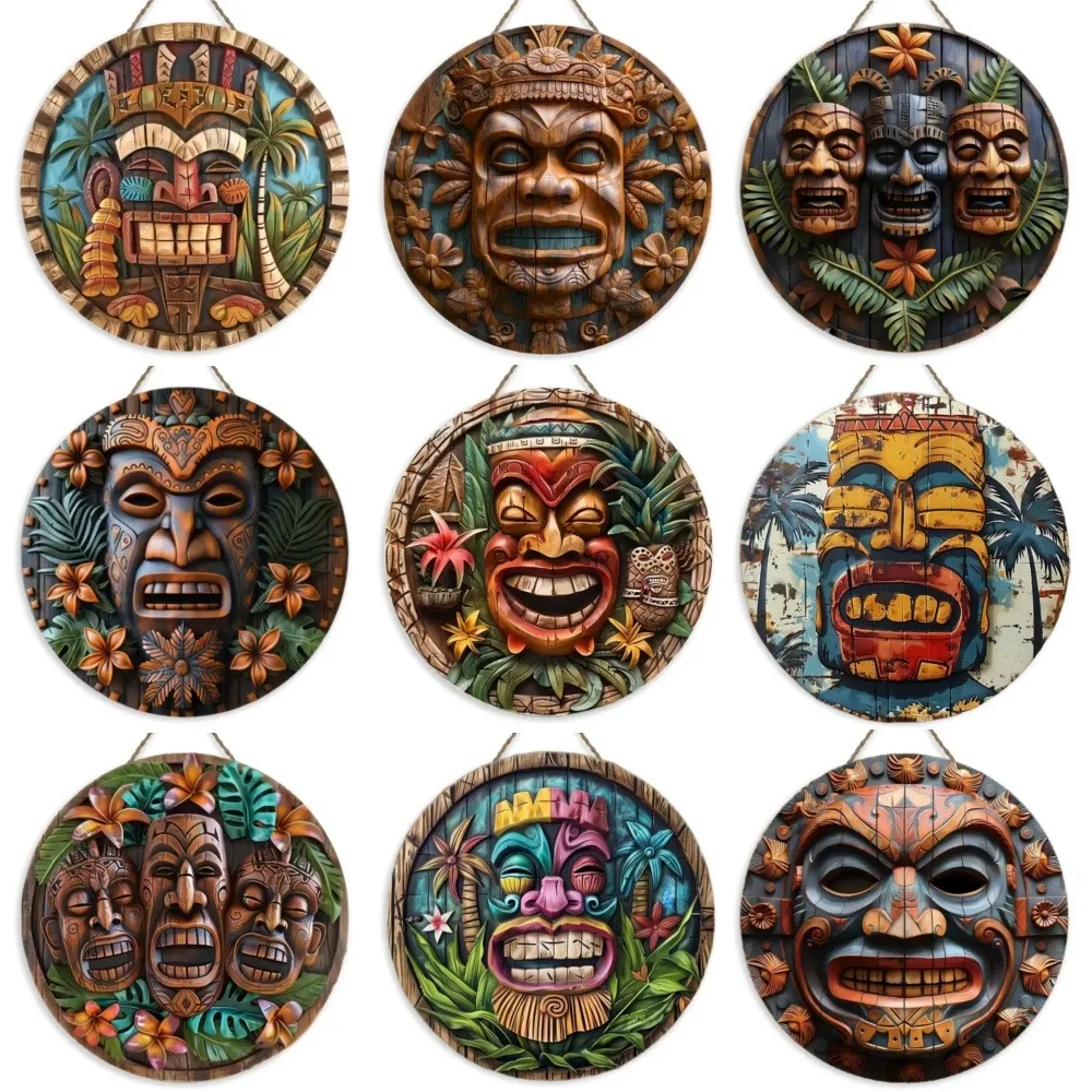 Hawaiian Mask Totem Round Wooden Signage, Suitable for Home, Office, Coffee Shop, Party, Bar, Beach Decoration, Holiday Gifts