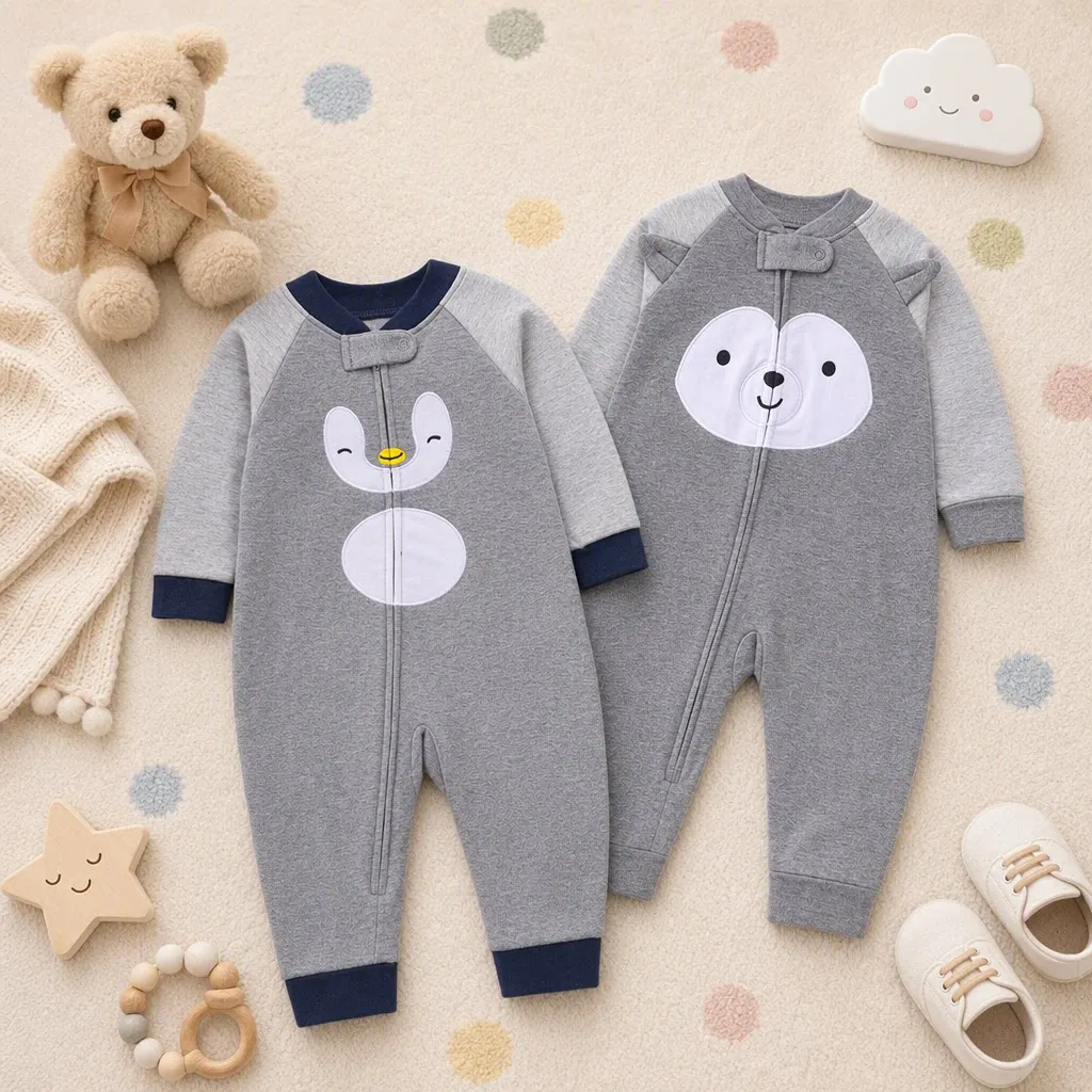 Grauer, weicher, doppelseitiger Baby-Strampler aus Baumwolle, niedlicher Cartoon-Stickerei-Reißverschluss-Einteiler, lässige Loungewear für 6–24 Monate alte Babys, Jungen, für alle Jahreszeiten