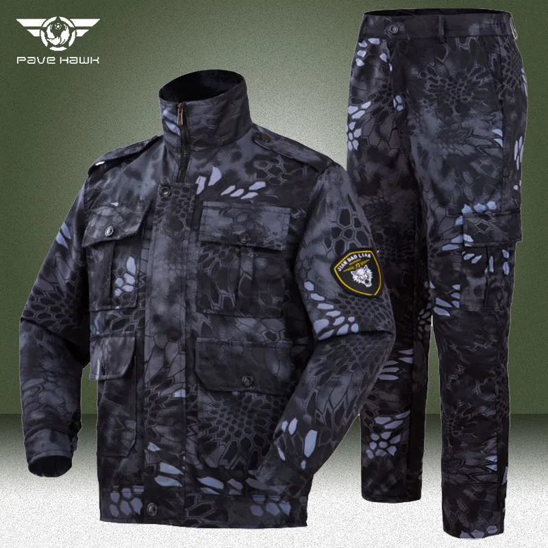 Snake Camo Set taktis pria, Jaket tahan aus multi-saku musim gugur + celana kargo lurus adem 2 potong setelan latihan