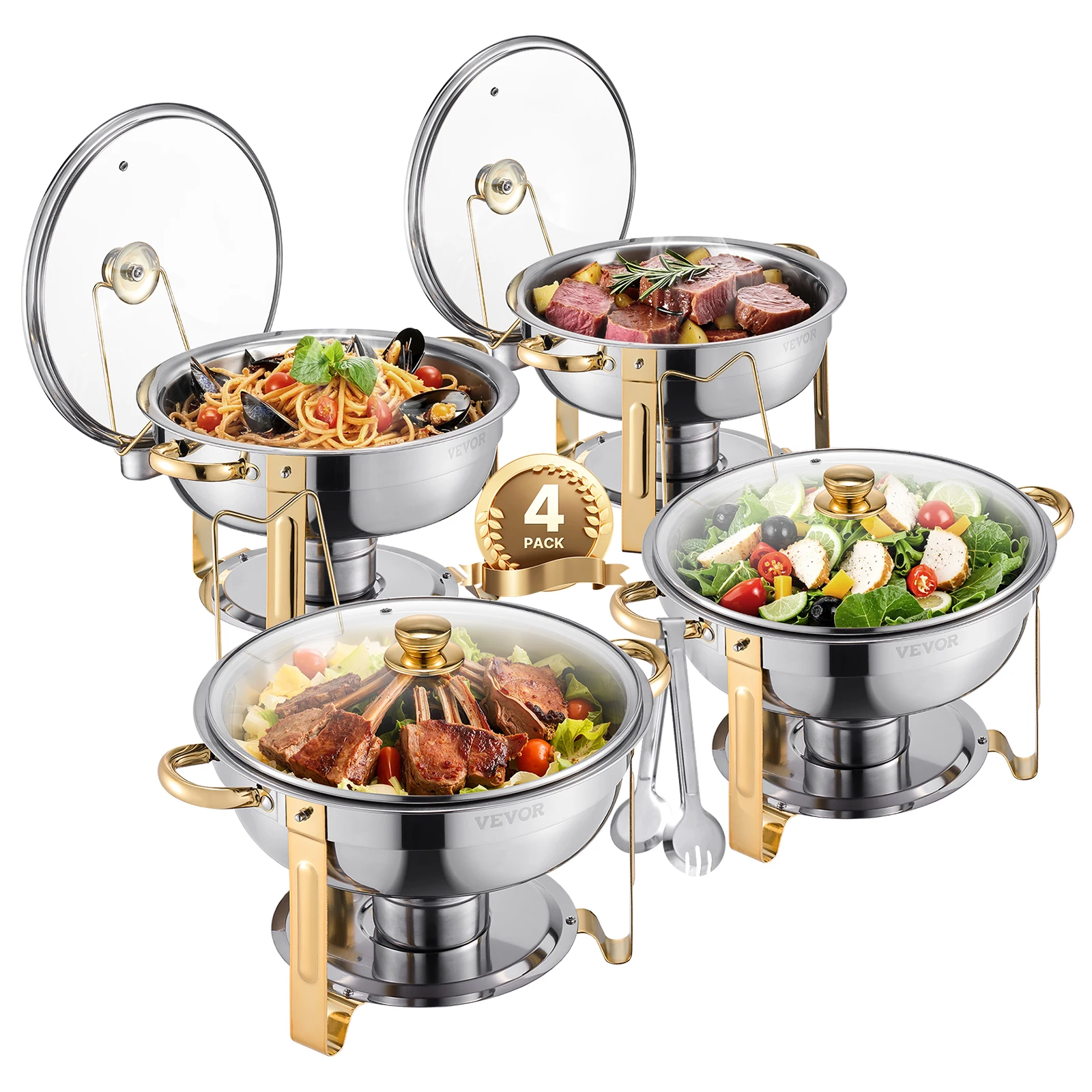 SucceBuy 5 Qt 4 Pack réchaud Buffet ensemble chafer en acier inoxydable avec 4 casseroles pleine taille ronde serveur chauffant de restauration pour fête