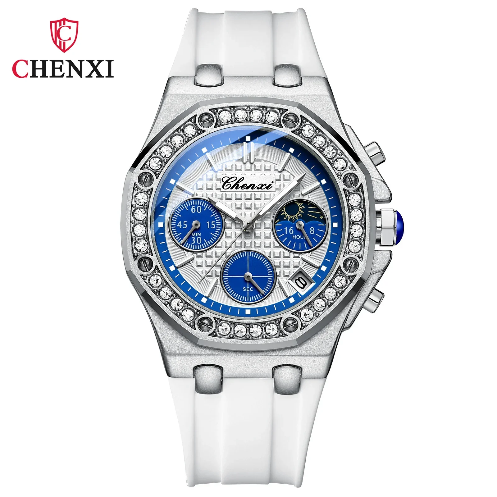 

CHENXI 912L Многофункциональные женские часы с фазой лунного света, настоящий календарь с тремя глазами и восьмиугольными силиконовыми кварцевыми часами с бриллиантами