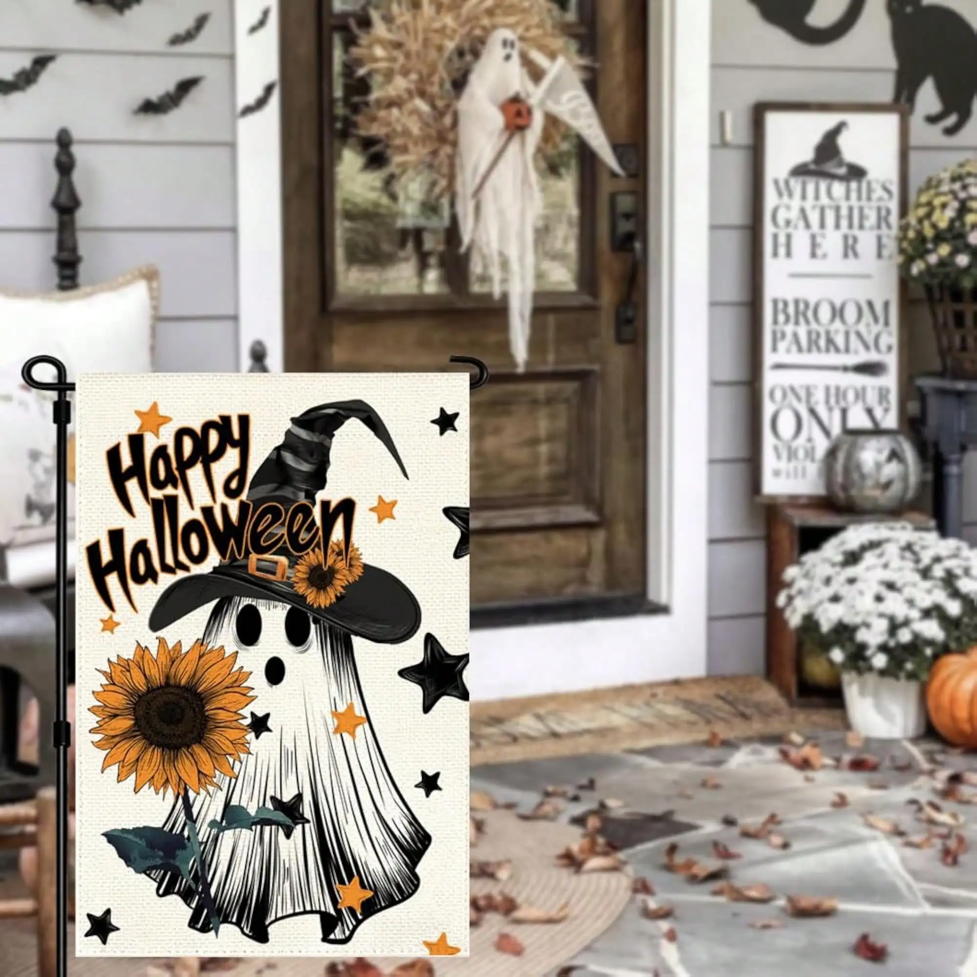 Happy Halloween Witch Hat Ghost Sunflower Garden Flag, Seasonal Yard Decor, Double-Sided Print, 11.8x17.7