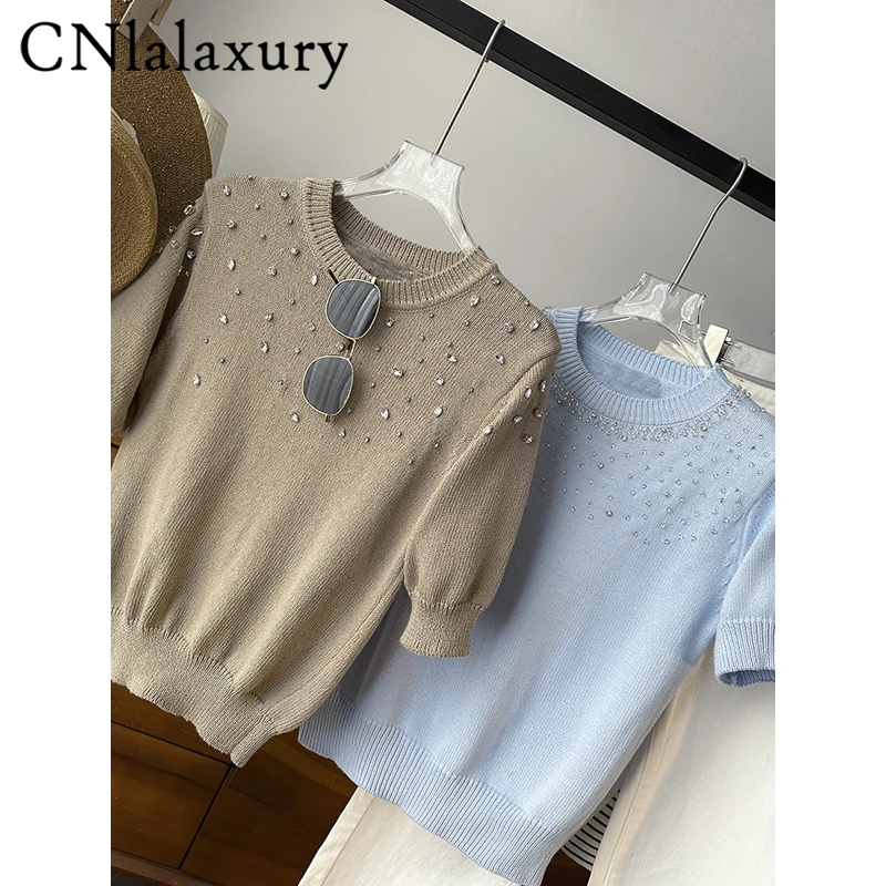 CNlalaxury 2024 Summer Round Neck Short Sleeve Knitted Sweater For Women Diamond-Encrusted Versatile Casual Knitwear Pullover