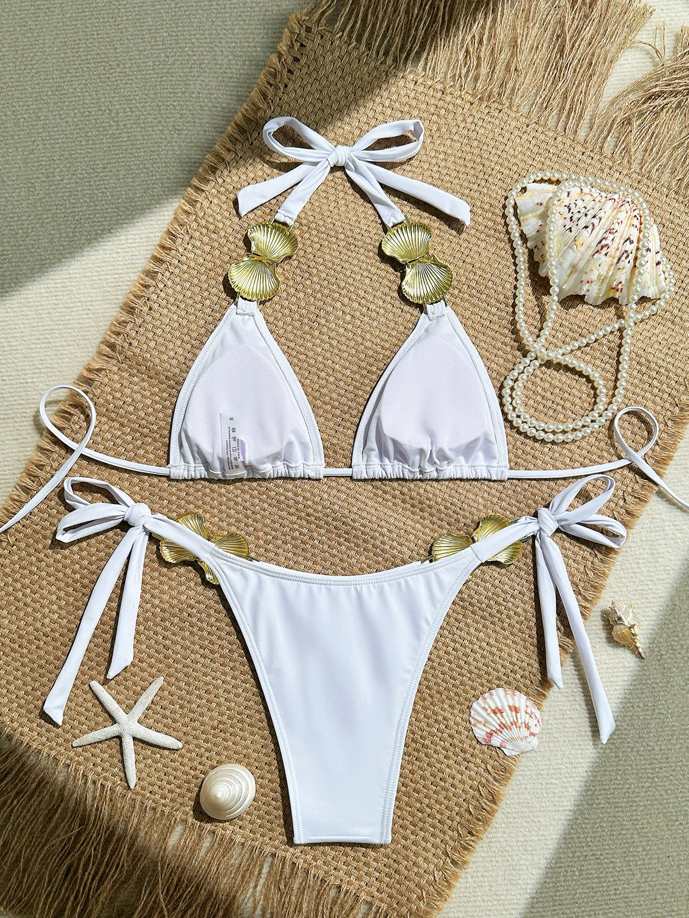 sexy metal shell white bikinis sets two pieces women's halter tie plain swimsuits female bathing suit swimwear biquini trikini