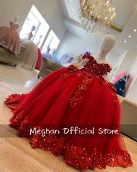 Red Off Shoulder Ball Gown Flower Girl Dresses For Wedding Kid Bead Appliques Pageant Dress Princess Flower Birthday Customized