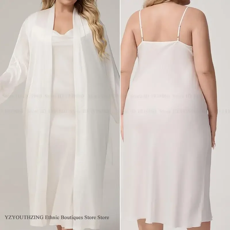 

Plus Size Long Robe Nightgown 2Pcs Set Sleepwear Spring Autumn New Night Wear Home Dress Sexy Ice Silk Bathrobe Loungewear 5XL
