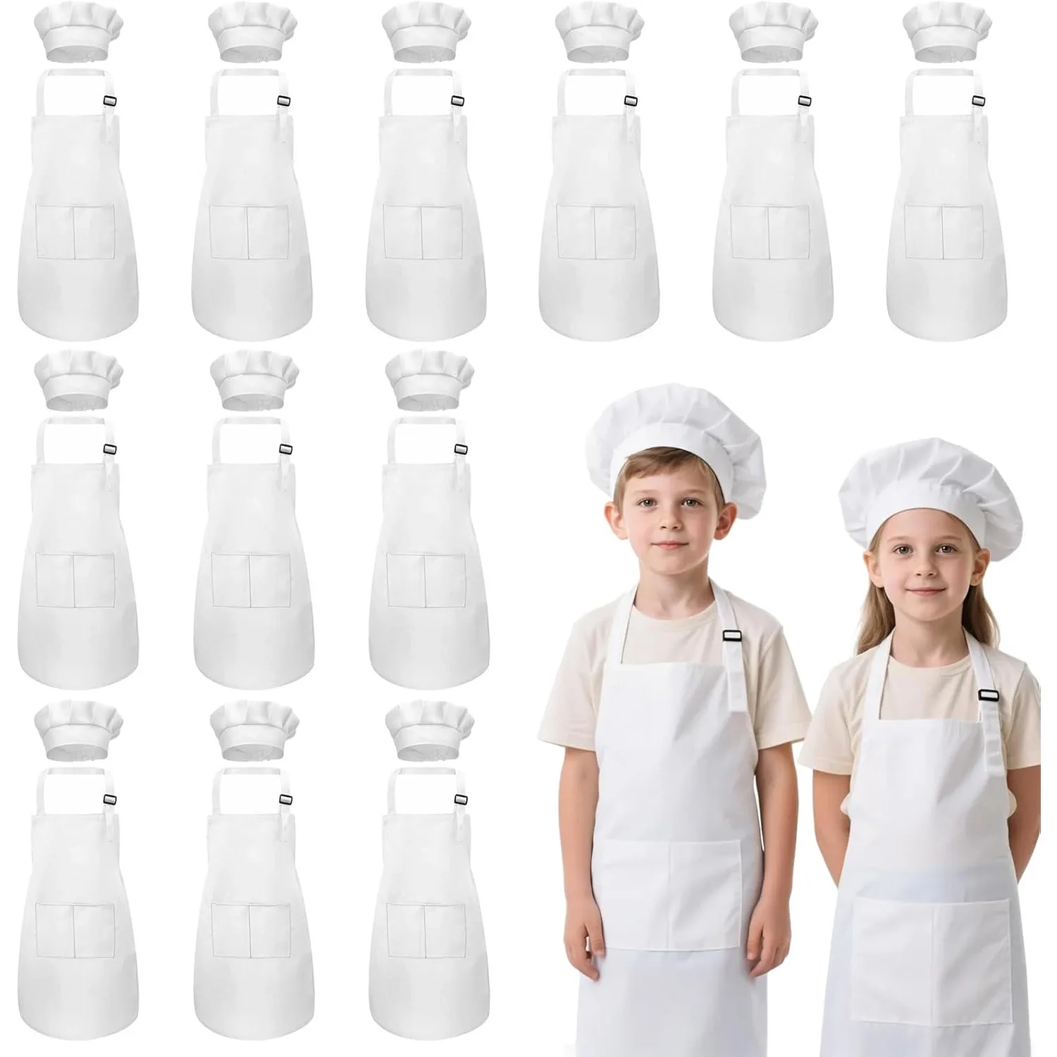6/8/12/15PCS Kinderschort en Koksmuts Set Kinderschort met 2 Zakken Verstelbaar voor Koken Klaslokaal Bakken Schilderen - afbeelding 2