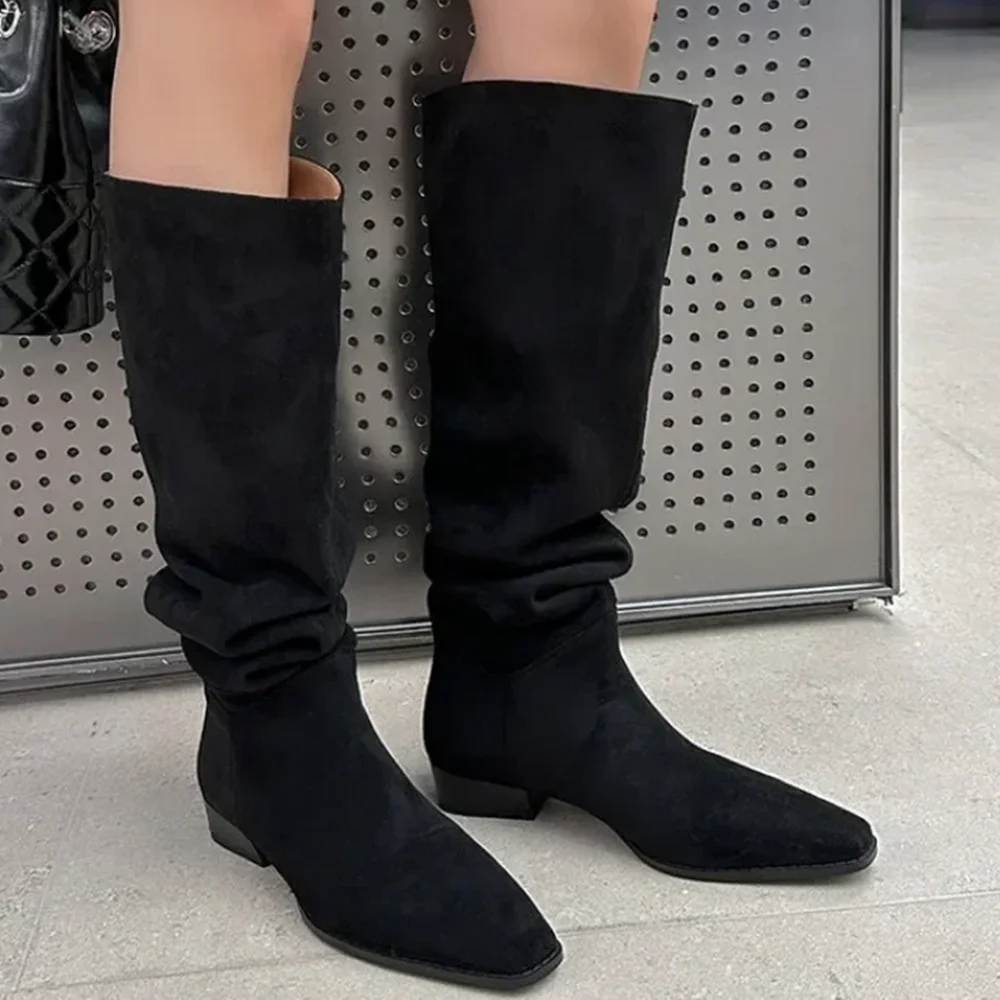 

Suede Slouchy Pleated Knee High Boots SexySquare Toe Solid Slip On New Arrivals Fashion Women Boots