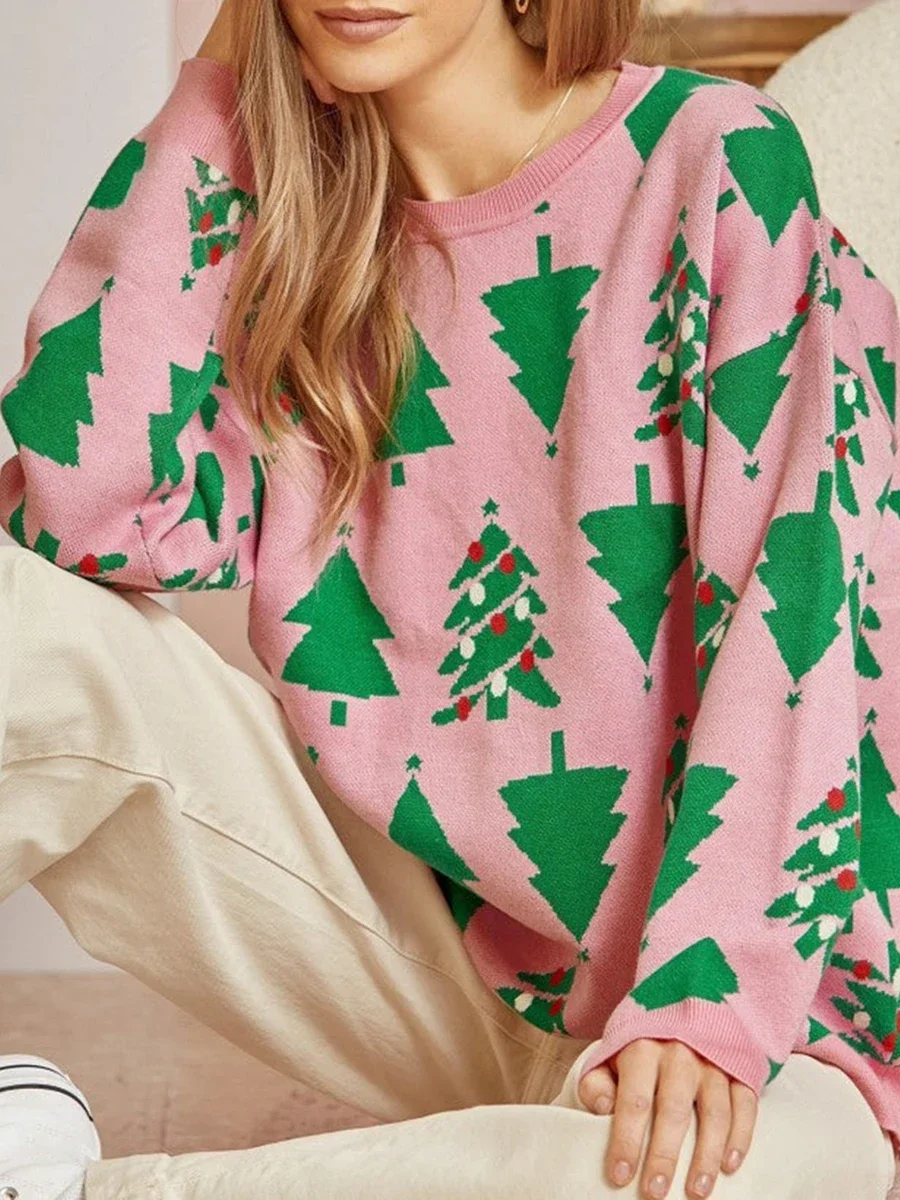 2024 Women Pink Comfy Sweaters Casual Warm Christmas Tree Print Long Sleeve Pullover Basic Knitwear for Fall Fashion Streetwear