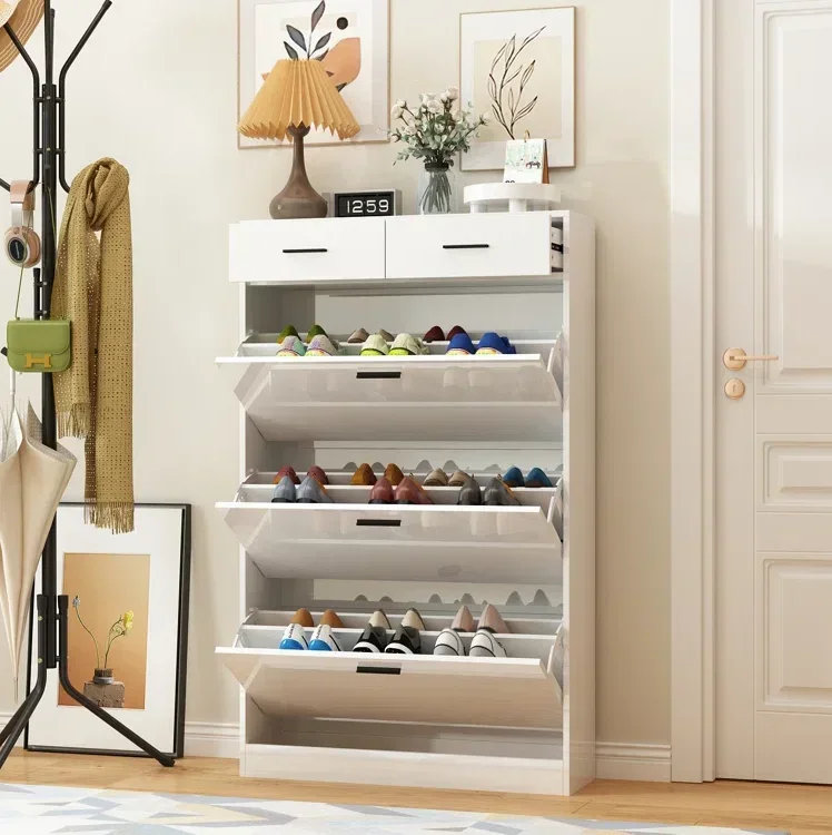 

-18 Pair Shoe Cabinet with 3 Flip Drawers Living Room Furniture High Gloss Varnish Shoe Rack