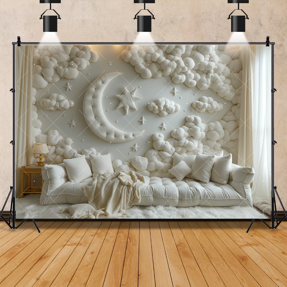 White Wall Backdrop Custom Cotton Cloud Moon Stars Decor Baby Shower Kids Birthday Portrait Photography Background Photo Studio