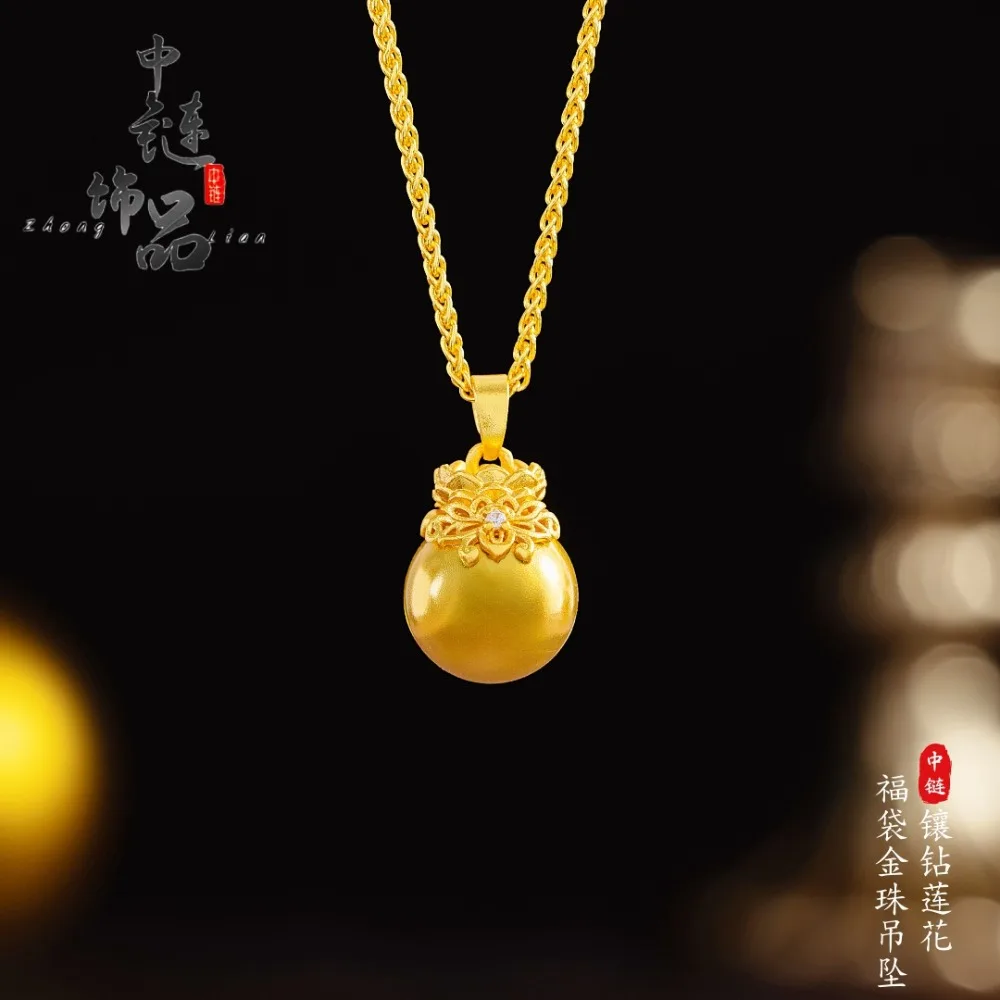 Diamond-encrusted lotus pendant with gold beads 9999gold