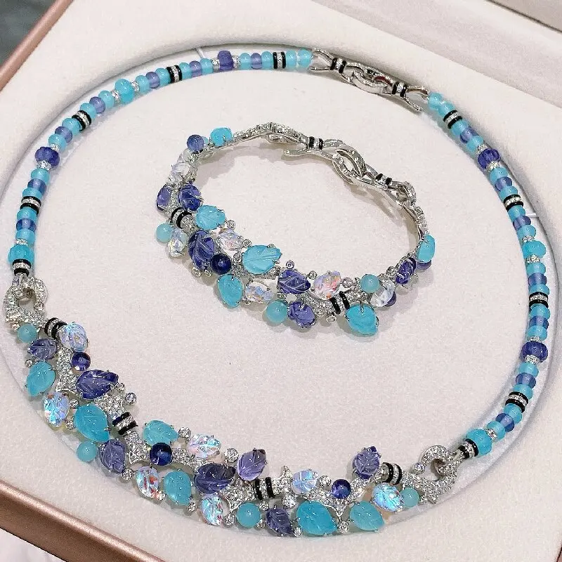 

ARIGAYA 925 Sterling Silver Jewelry Set Sea Blue Opal Crystal Collar Choker Fruit Style Necklace And Bracelet For Women