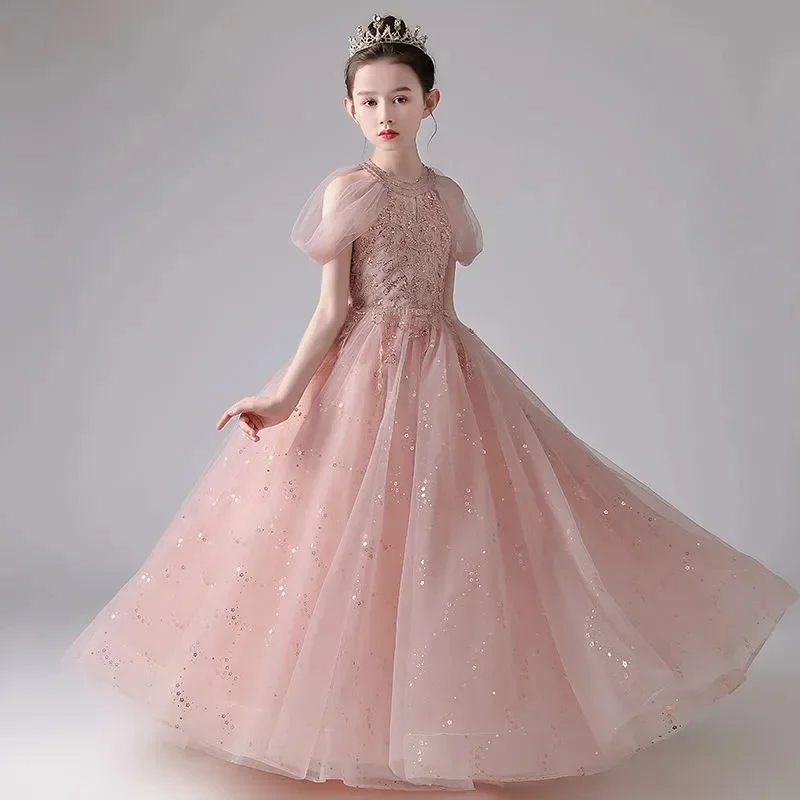 

Classic Flower Girls Dresses For Wedding Fashion Ruffles Beaded Sash Pageant Long Gowns Kids Princess Birthday Party Costumes