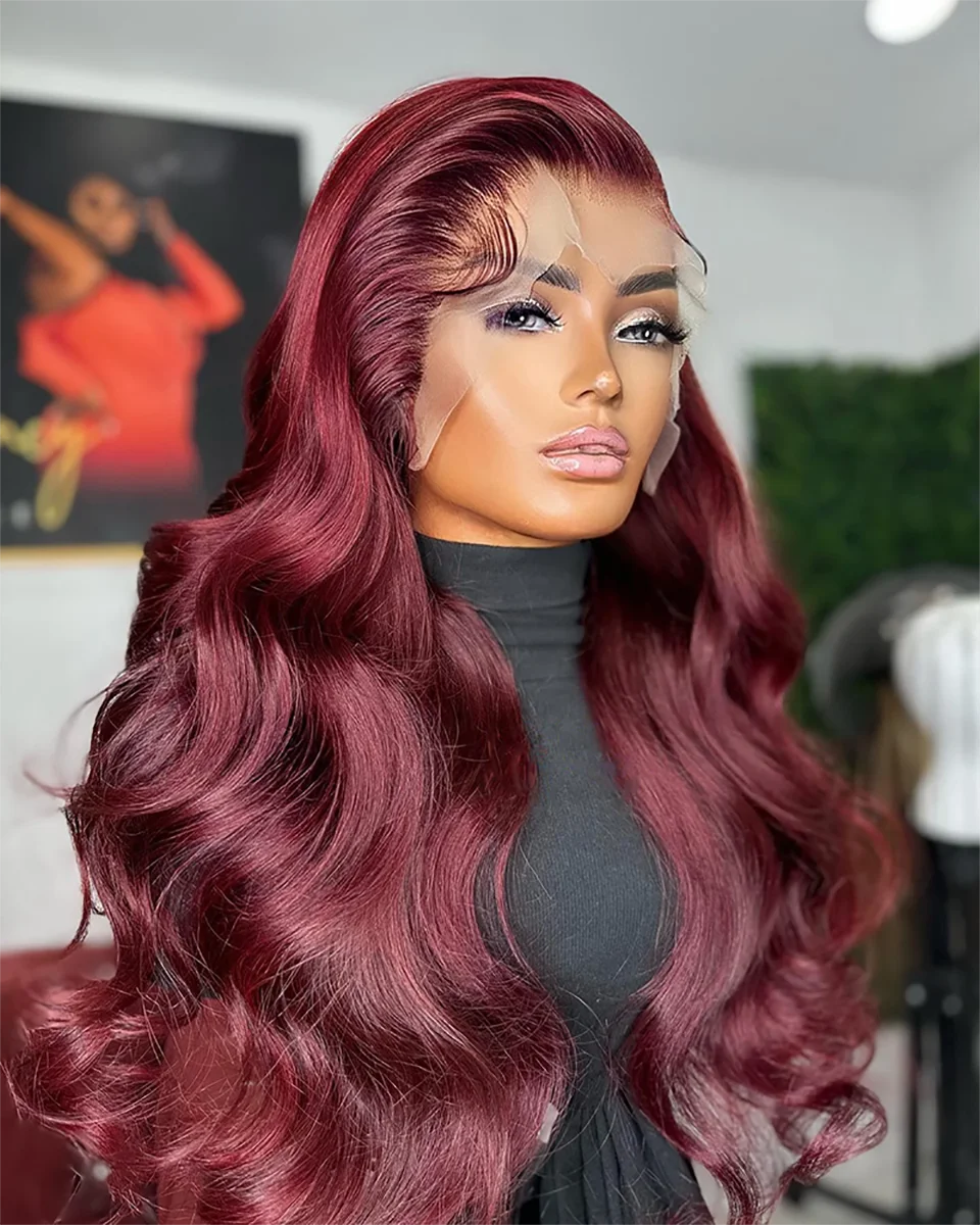 

Dark 99j Glueless 13X4 Lace Frontal Body Wave Wig Ombre Red Colored 13X6 Lace Front Human Hair Wigs Preplucked Brazilian Hair