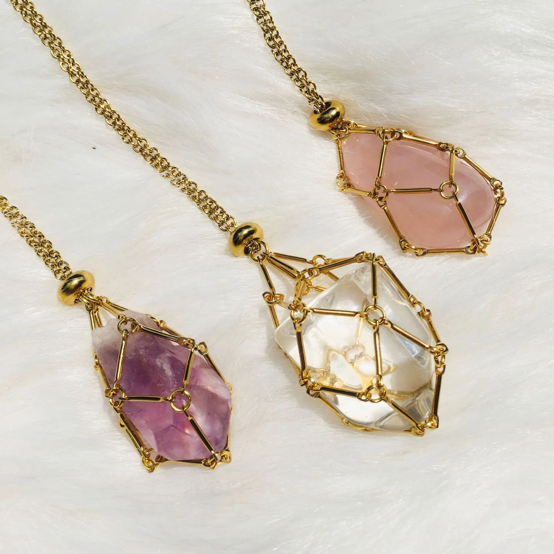 Gold Color Crystal Cage Pendant Necklace Holder Metal Chain Empty Gem Stone Keeper Adjustable Stainless Steel Collection X127