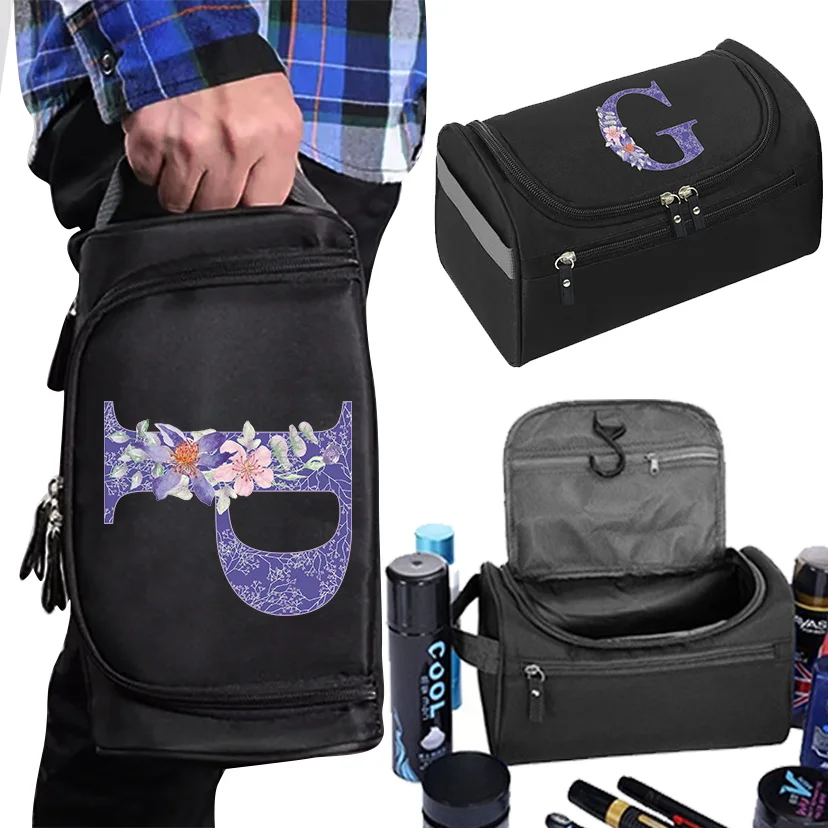 

Women's Makeup Bag Men's Travel Toiletries Storage Bag Purple Flower Initial Letter Pattern
