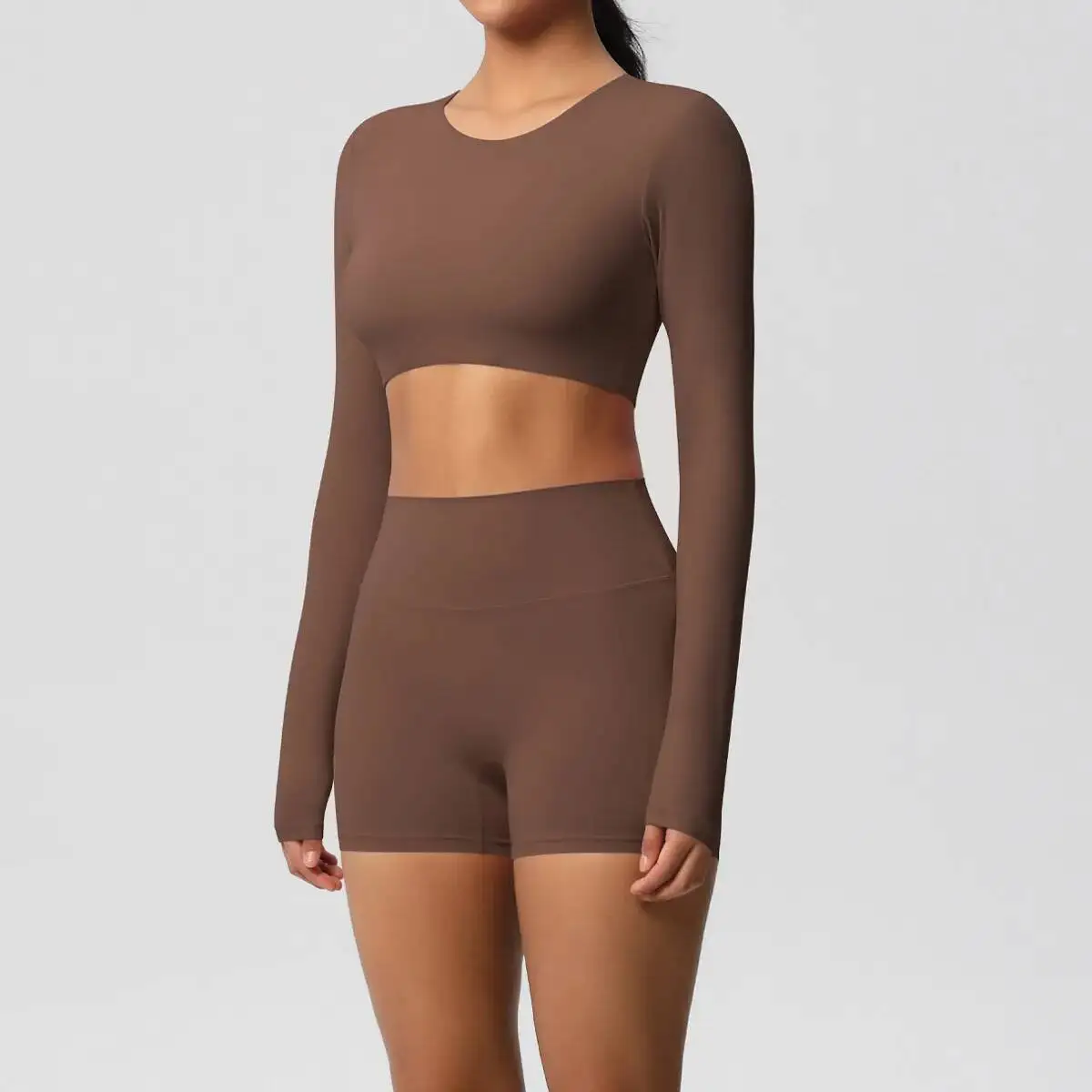 

Seamless Gym Set Women Sportwear Long Sleeve Yoga Clothing Fiess Crop Top High Waist Shorts 2 Piece Workout Sports Suits