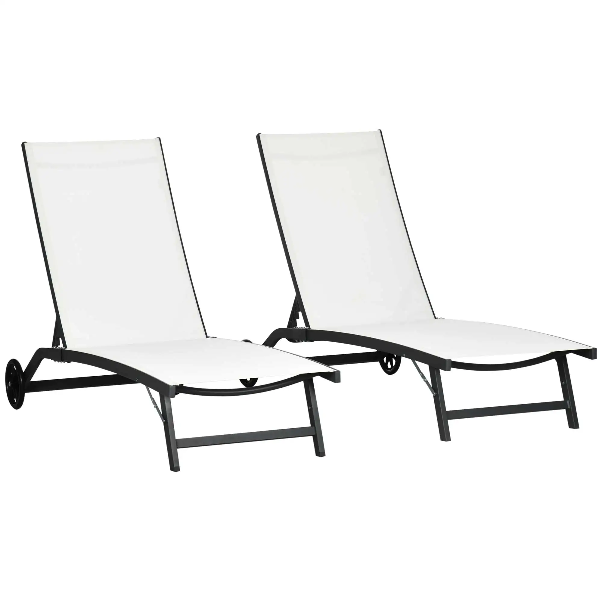 Outsunny set of 2 reclining garden loungers outdoor chairs with 5-level adjustable backrest and wheels for beach pool 165x66x102 cm