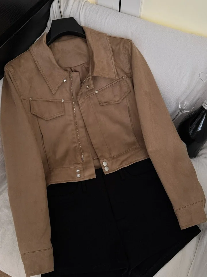 معطف نسائي من جلد الغزال Jaet ort كاجوال Sle كوري أنيق أوائل الخريف وخفيف الوزن وأنيق بأزرار للإغلاق