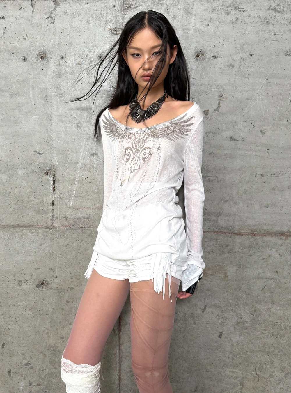 Karrcat Trashy Y2k Tattoo Print T-Shirt Grunge Ästhetik Langarm Strickoberteil Vintage Punk Transparente Streetwear Amerikanischer Retro-Stil – Detail 5
