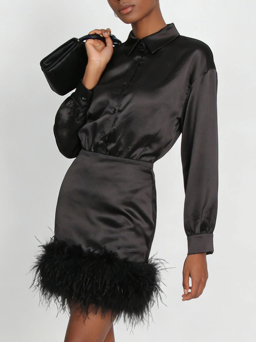 فساتين VGH صغيرة أنيقة للتخسيس من الساتان للنساء مع طية صدر السترة وأكمام طويلة وخصر عالٍ فستان أنيق من الريش موضة نسائية #5