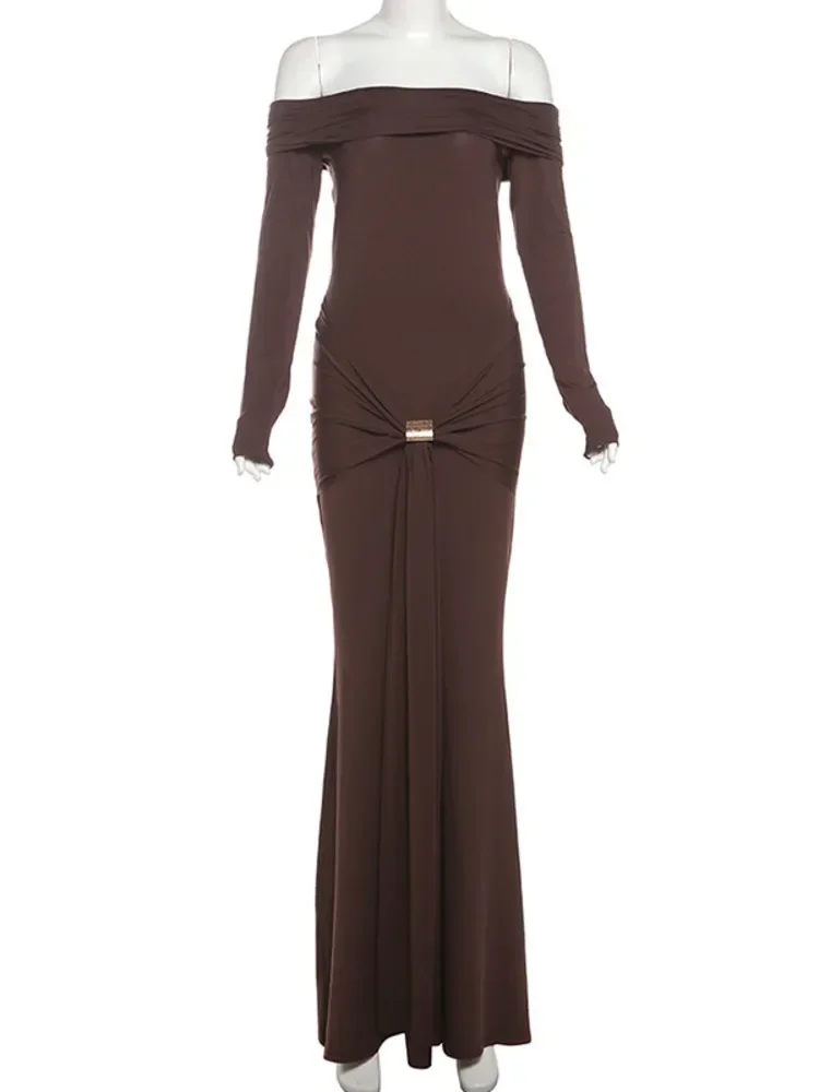 Schulterfreies, langärmliges, sexy Maxikleid für Damen, modisches, trägerloses, rückenfreies, drapiertes, figurbetontes Club-Party-langes Kleid