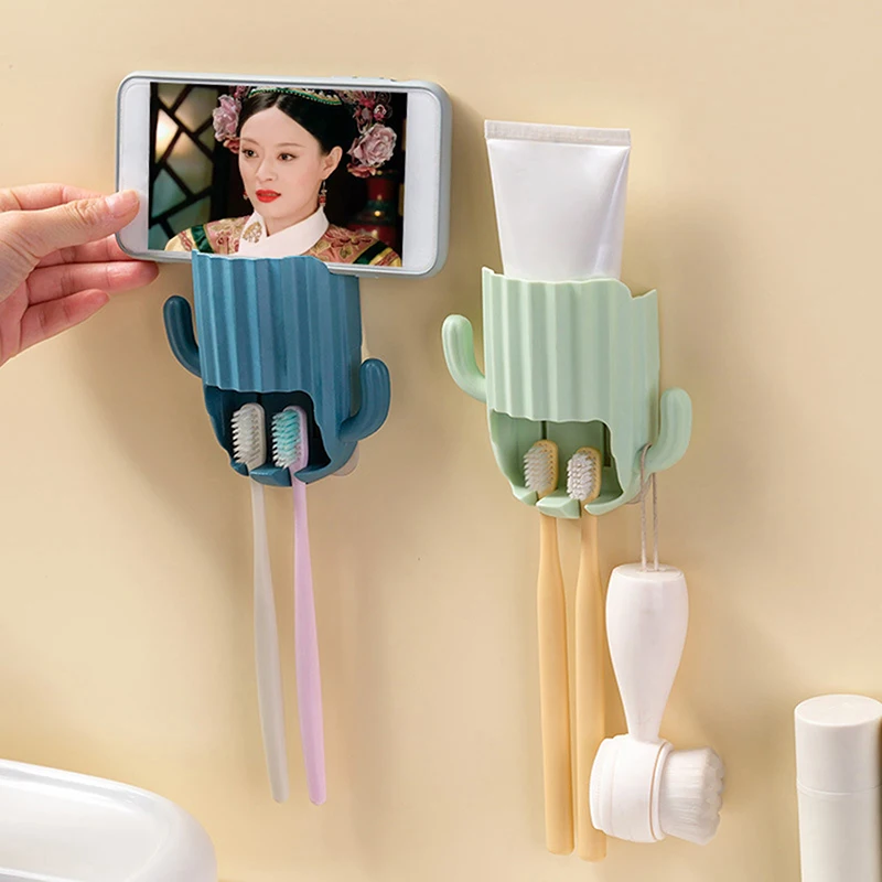 Wall Self-adhesive Storage Rack Toothpaste Holder Cactus Hook Drain Bathroom Shelf Wall-mounted Toothbrush Organizer