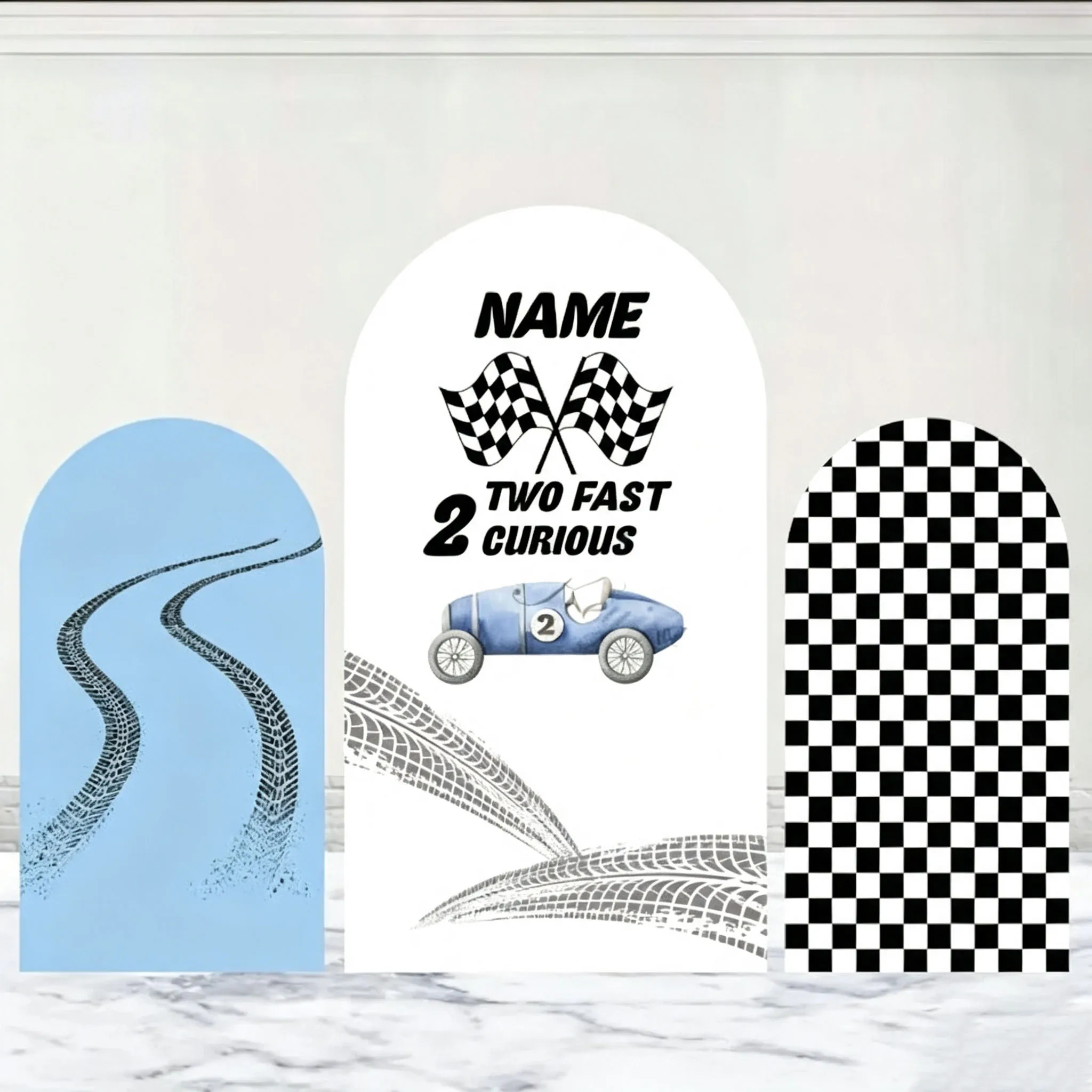 Custom Double-Sided Two Fast Two Curious Baby Shower Arch Backdrop Cover Black and White Squares Birthday Party Photobooth