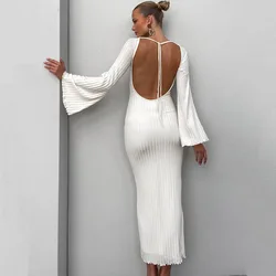 Modne sukienki z długim rękawem na jesień eleganckie damskie wieczorowe szata na imprezę Femme bez pleców Sexy Bodycon biała sukienka damska