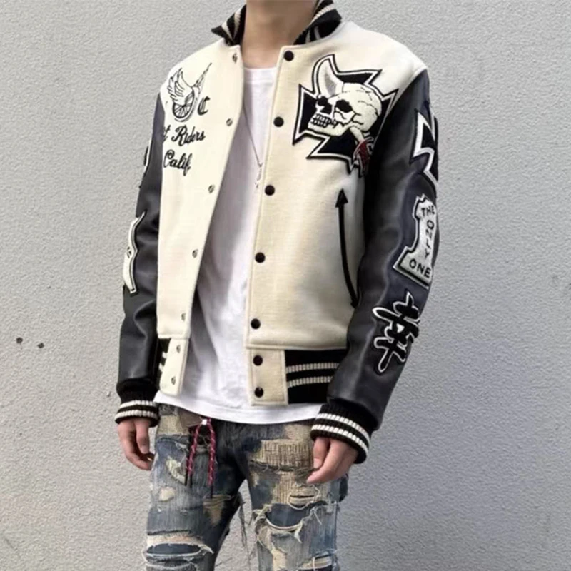 Vintage PU Leather Patchwork Outerwear Mens Spring Casual Button-up Jacket Coats Men Y2K Skulls Embroidery Stitch Design Jackets view 2
