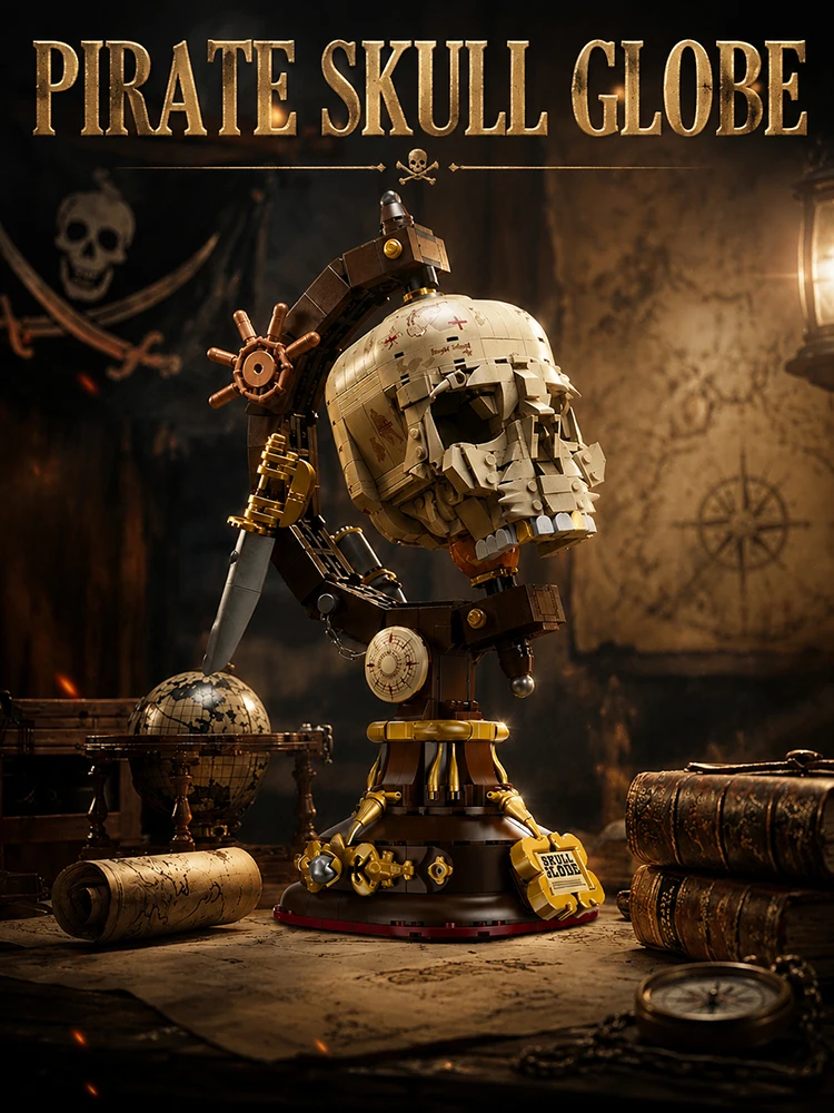 Piratenschädel-Globus MOC Baustein-Modellbausatz Kreative Bausteine Montage-Spielzeug für Kinder und Erwachsene Feiertagsgeschenke Coole Raumdekoration