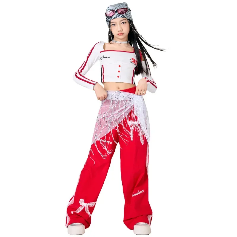 

Girls Hip Hop Clothes White Top Red Skirt Jazz Dance Performance Costume Fashion Kpop Outfit Streetwear Catwalk Performance Suit