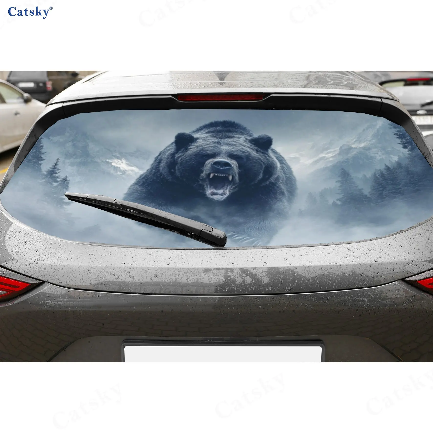 

Виниловые наклейки на автомобиль из ПВХ с перфорацией «Горный лес с медведем-грозовиком», прочная наклейка на заднее стекло автомобиля, водонепроницаемая наклейка на автомобильное окно