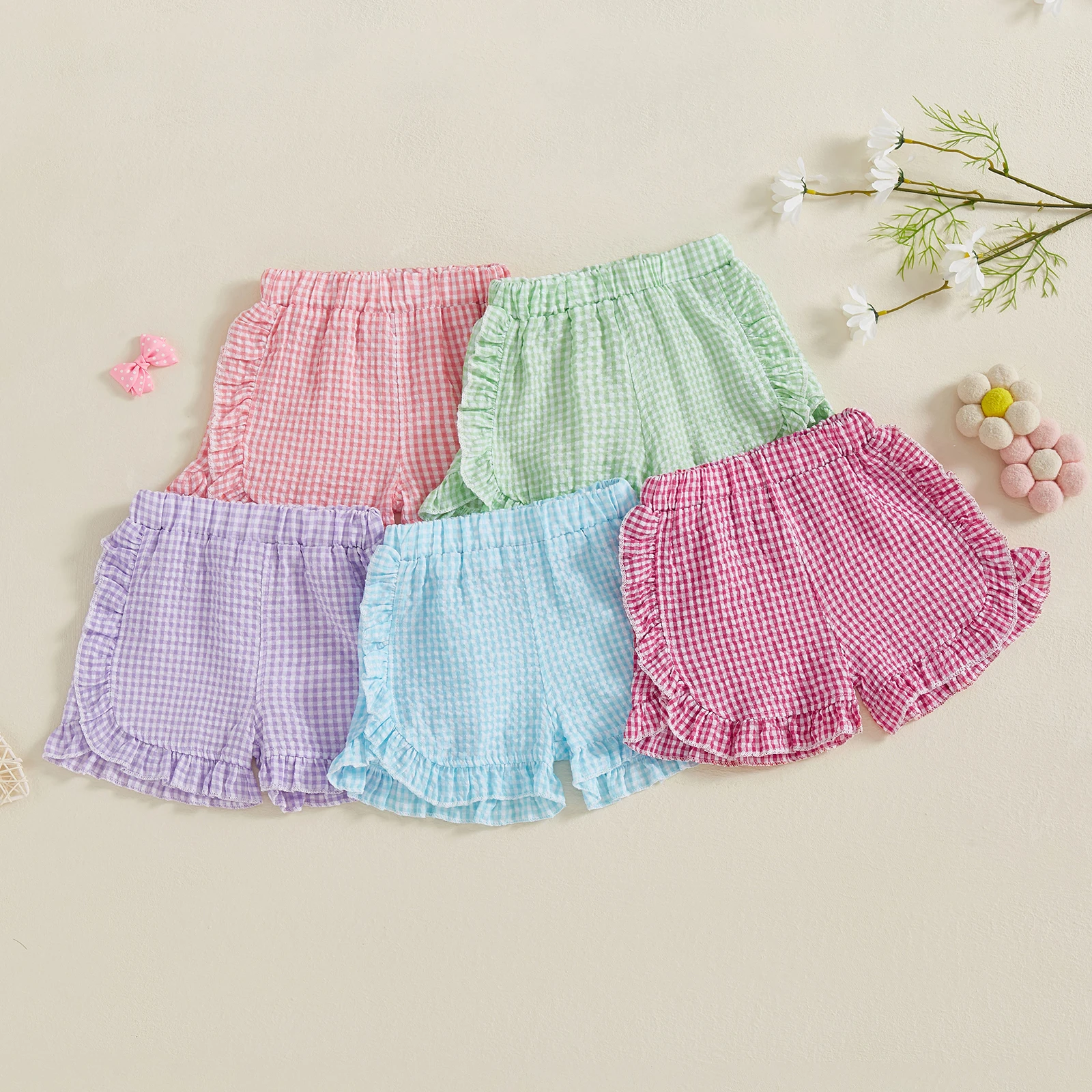 Toddler Girl Summer Shorts Plaid Pattern Lotus Edge Cute Casual Fashion Comfortable Soft Shorts