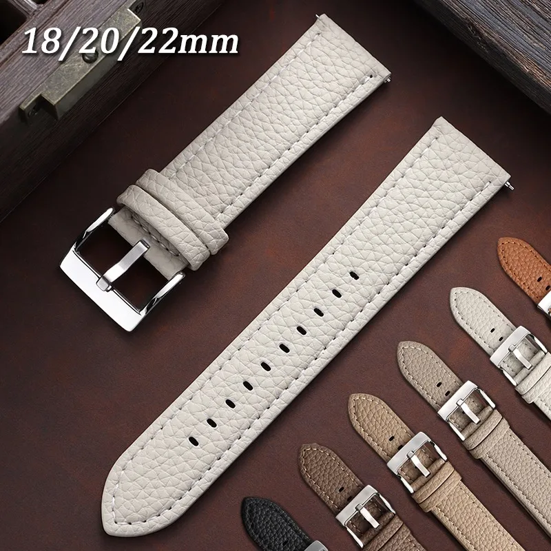18mm 20mm 22mm Lychee Texture Leather Watch Band for Huawei Watch GT5/4/3 for Omega Replacement Wristband Soft Cowhide Bracelet